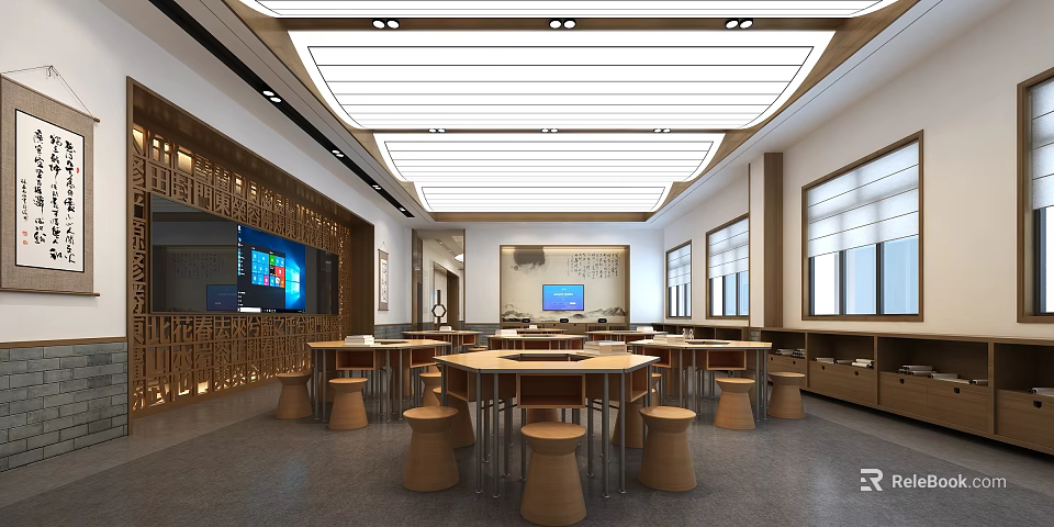Bright Spacious School Cafeteria With Round Tables Stools TV Screen Wooden Wall Decor And Windows 3d model 