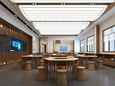 Bright Spacious School Cafeteria With Round Tables Stools TV Screen Wooden Wall Decor And Windows 3d model