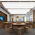 Bright Spacious School Cafeteria With Round Tables Stools TV Screen Wooden Wall Decor And Windows