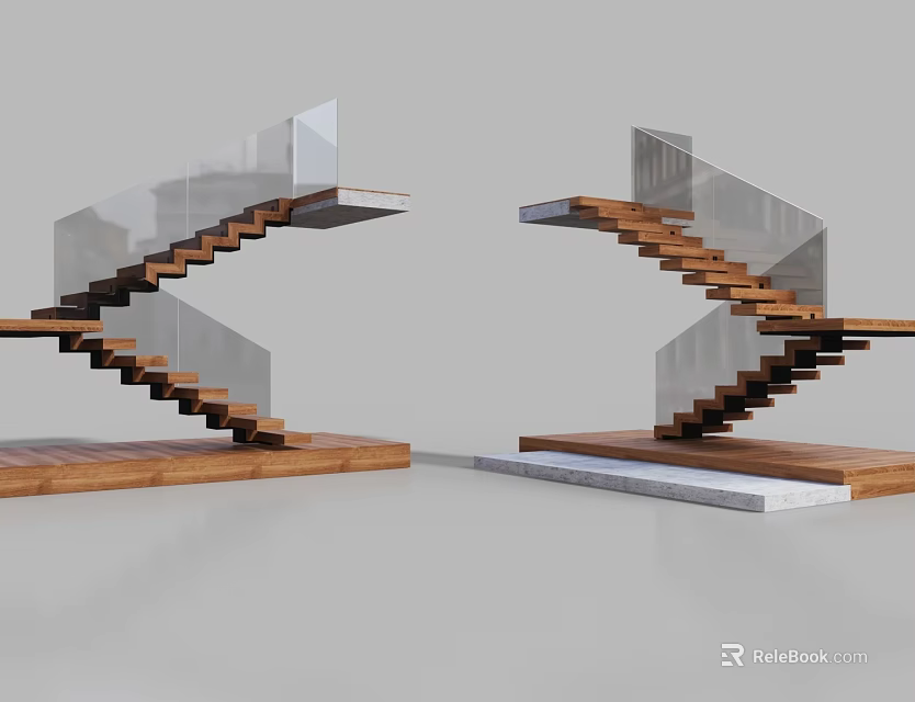 Modern Stairs Interior Design With Wooden Steps Glass Railings And Platforms 3d model 