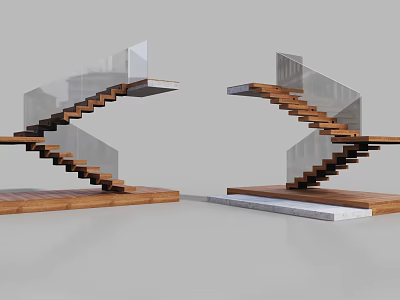 Modern Stairs Interior Design With Wooden Steps Glass Railings And Platforms 3d model