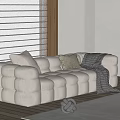 Beige Plush Double Sofa With Tufted Design Throw Pillows Blanket And Light Rug