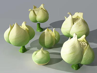 Cartoon Green Lotus Buds with Various Sizes and Opening Stages Design 3d model