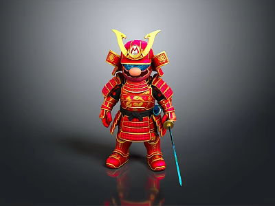 Cartoon Samurai Figurine In Red Armor With Golden Accents And Yellow Helmet Holding Sword 3d model