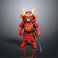 Cartoon Samurai Figurine In Red Armor With Golden Accents And Yellow Helmet Holding Sword