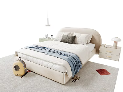 Modern Kids Bed With Curved Headboard Blue White Bedding Nightstand Lamp Rug And Yellow Toy 3d model