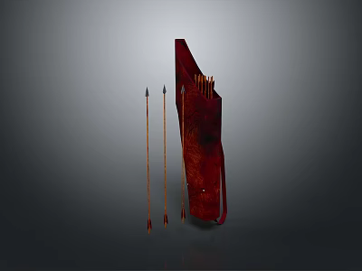 Ancient Weapon Red Leather Quiver With Wooden Arrows And Hunting Design 3d model