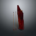 Ancient Weapon Red Leather Quiver With Wooden Arrows And Hunting Design