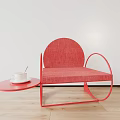 Red Upholstered Single Chair With Circular Backrest Metal Frame Round Side Table White Cup 3d model