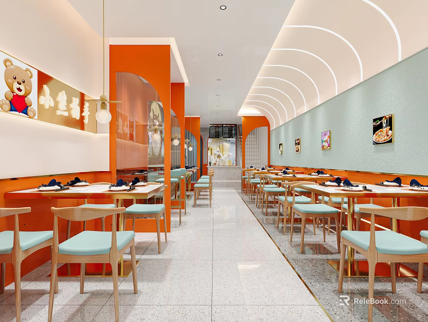 Bright Modern Restaurant Interior With Orange Green Walls Arched Ceiling And Wooden Tables Chairs 3d model 
