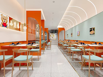 Bright Modern Restaurant Interior With Orange Green Walls Arched Ceiling And Wooden Tables Chairs 3d model