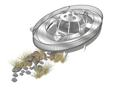 Outdoor Circular Playground Equipment With Metal Frame Dome Top And Natural Rocks Grass 3d model