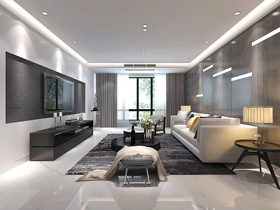 Modern Living And Dining Room Interior With Sofa TV Wall And Floor To Ceiling Window 3d model