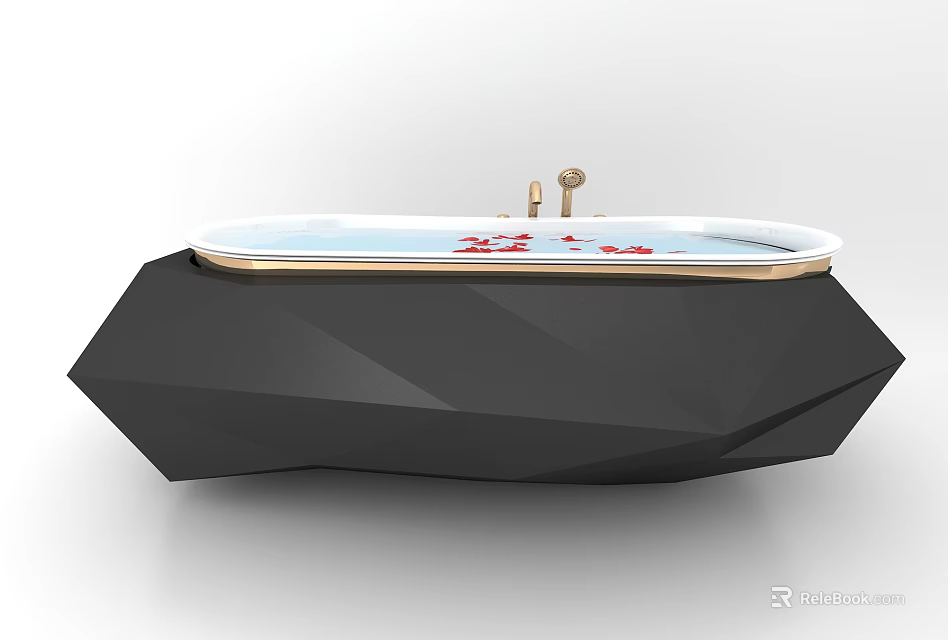 Black Geometric Shaped Bathtub With White Interior Gold Faucet And Red Petals 3d model 