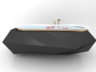 Black Geometric Shaped Bathtub With White Interior Gold Faucet And Red Petals 3d model