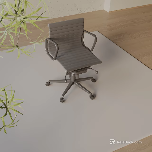 Gray Office Chair With Armrests Striped Design Wheels And Green Plant 3d model 