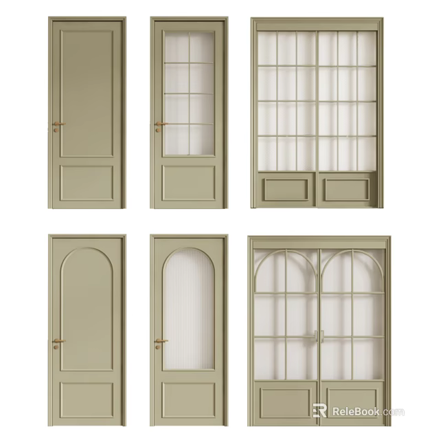Light Green Hinged Doors With Various Glass Panel And Arched Top Designs 3d model