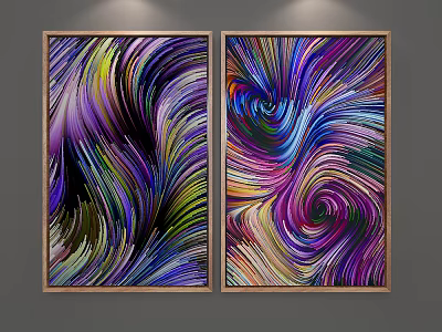 Vibrant Abstract Paintings With Swirling Lines And Framed Colorful Wall Art 3d model