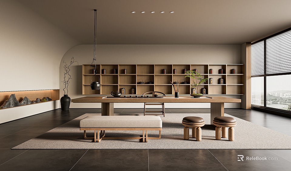 Modern Tea Room Interior Design With Wooden Shelves Tea Sets Long Table Bench And Stools 3d model 