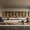 Modern Tea Room Interior Design With Wooden Shelves Tea Sets Long Table Bench And Stools