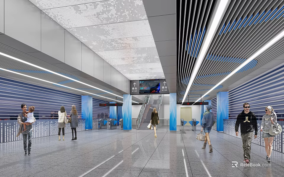 Modern Subway Station Interior With Pedestrians And Lighting 3d model 