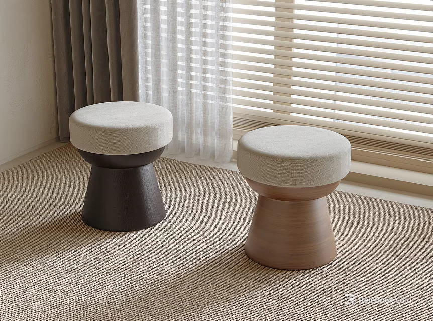 Round Upholstered Stools With Wooden Legs In Different Colors And Carpeted Room 3d model 