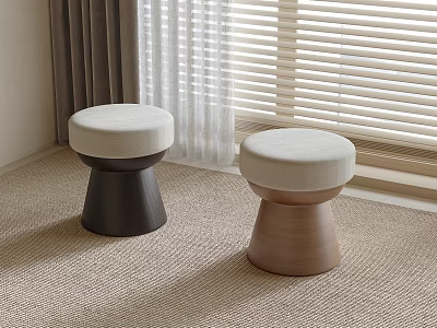 Round Upholstered Stools With Wooden Legs In Different Colors And Carpeted Room 3d model