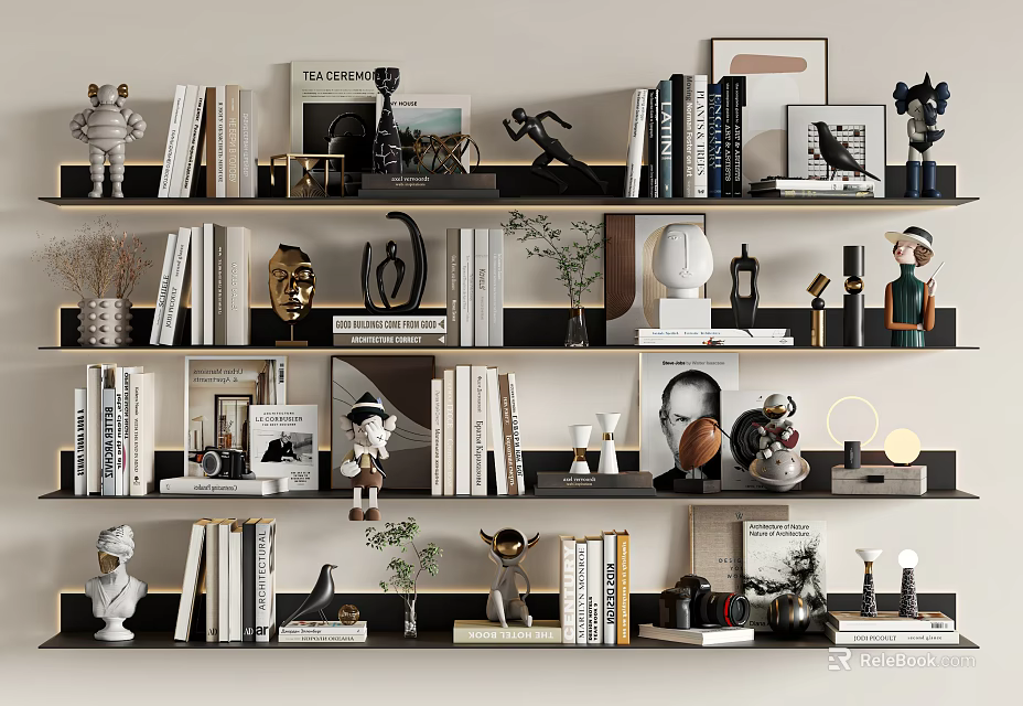 Stylish Decorative Ornament Set On Bookshelf With Books Sculptures Photo Frames And Small Plants 3d model 