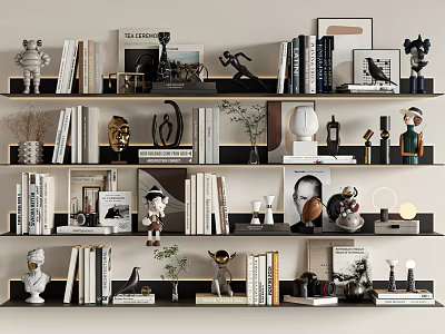 Stylish Decorative Ornament Set On Bookshelf With Books Sculptures Photo Frames And Small Plants 3d model