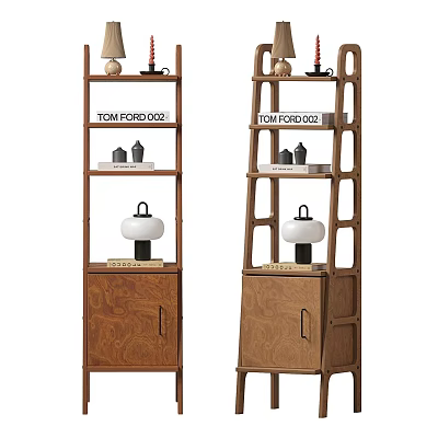 Wooden Decorative Cabinet With Multiple Shelves Displaying Books Decorative Items And Lamp 3d model