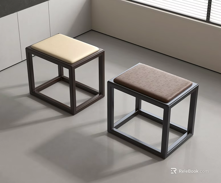 Modern Minimalist Stools With Beige Brown Leather Seats And Black Wooden Frames 3d model 