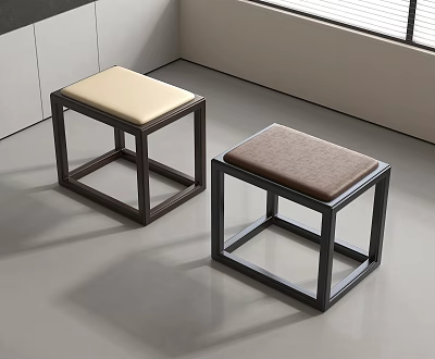 Modern Minimalist Stools With Beige Brown Leather Seats And Black Wooden Frames 3d model