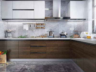 Modern Kitchen Interior With Wood And White Cabinets Marble Countertop And Appliances 3d model
