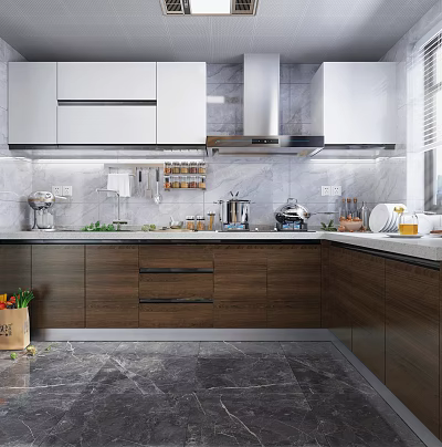Modern Kitchen Interior With Wood And White Cabinets Marble Countertop And Appliances 3d model
