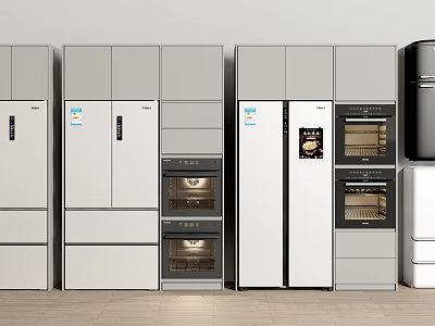 Modern White And Gray Refrigerators And Freezers With Kitchen Cabinets And Ovens 3d model