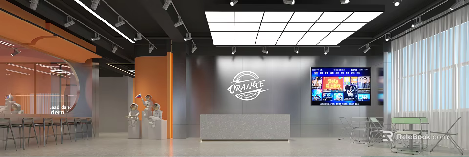 Modern Store Front Desk With ORANGE Logo Gray Countertop Orange Side Wall Grid Lights 3d model 