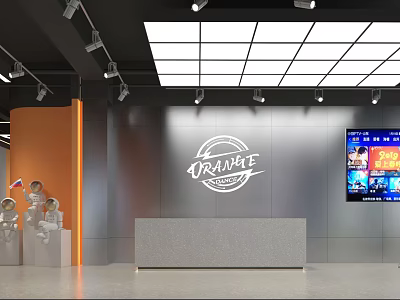 Modern Store Front Desk With ORANGE Logo Gray Countertop Orange Side Wall Grid Lights 3d model