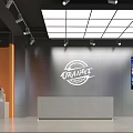 Modern Store Front Desk With ORANGE Logo Gray Countertop Orange Side Wall Grid Lights