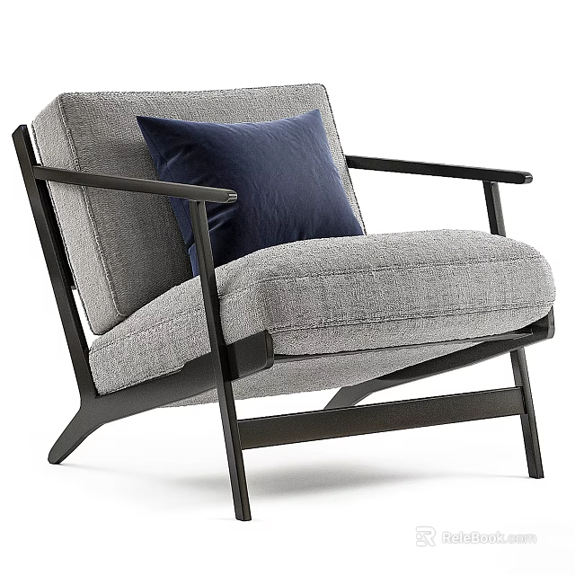 Modern Gray Fabric Armchair Featuring Black Armrests And Navy Blue Pillow 3d model 