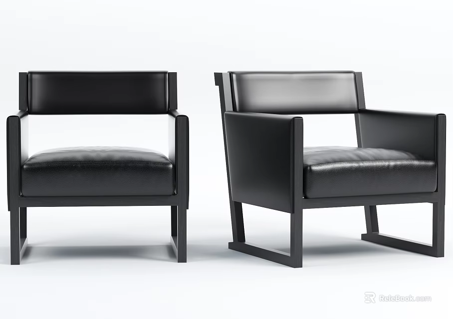 Modern Black Leather Accent Chairs With Sleek Armrests And Sturdy Wooden Legs 3d model 