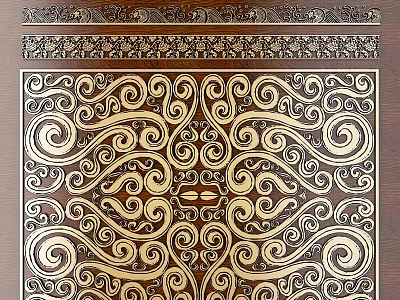 Intricate Traditional Wood Carving With Detailed Scroll Patterns On Wooden Panel 3d model