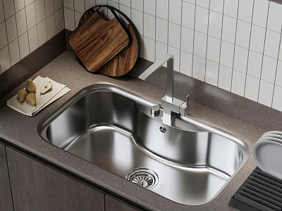Stainless Steel Double Bowl Sink In Modern Kitchen With Faucet And Cutting Board 3d model