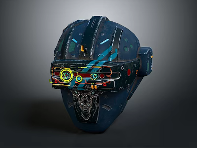 Futuristic SciFi Helmet With Blue Metallic Finish Glowing Display And Mechanical Details 3d model