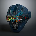 Futuristic SciFi Helmet With Blue Metallic Finish Glowing Display And Mechanical Details