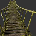 Rustic Suspension Bridge Structure With Mossy Wooden Planks And Rope Railings