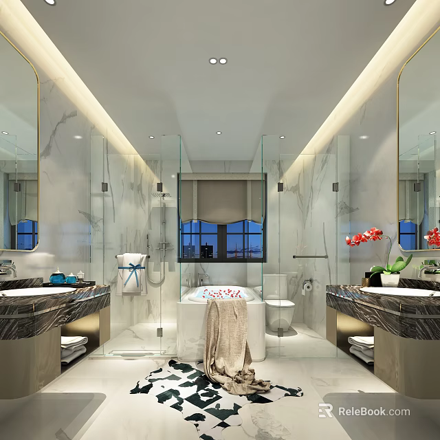 Elegant Modern Marble Bathroom With Double Sink Vanities Freestanding Bathtub And Clear Glass Shower Enclosures 3d model 