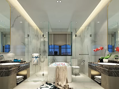 Elegant Modern Marble Bathroom With Double Sink Vanities Freestanding Bathtub And Clear Glass Shower Enclosures 3d model
