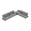 Modern L Shaped Outdoor Sofa With Wooden Frame Beige Cushions And Gray Pillows