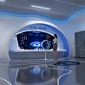 Futuristic Tech Exhibition Hall With Circular Platform Blue Lighting And Interactive Displays