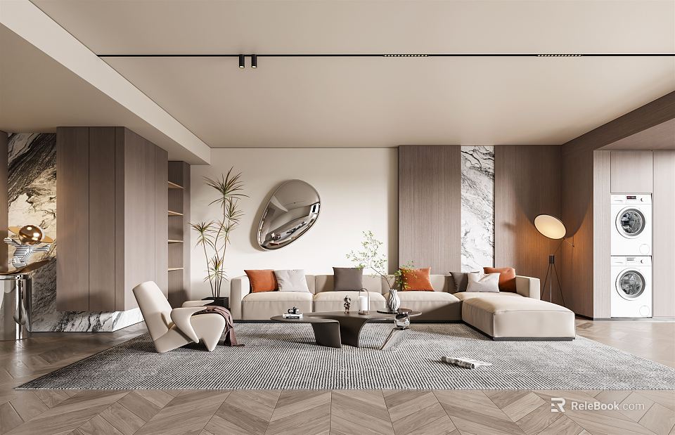 Modern Living Room Interior With Sofa Coffee Table Decorative Mirror Plant And Floor Lamp 3d model 